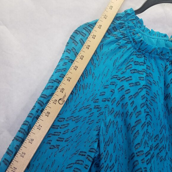 Lilly Pulitzer Caline Blouse Women M Teal Bay Silk Swirl Clip Silver Puff Sleeve - Picture 15 of 16